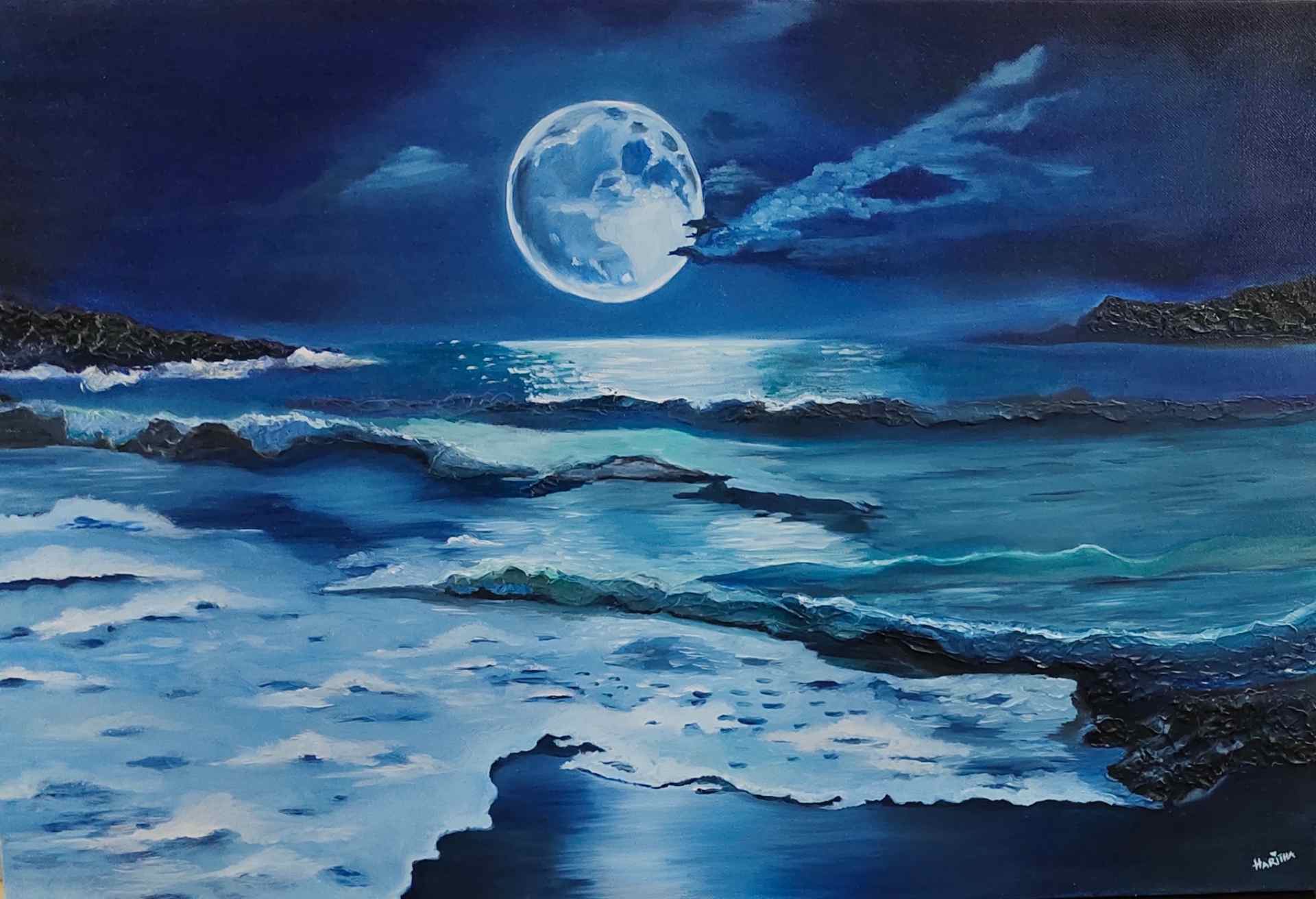 Moonlit Ocean Waves – Original Oil Painting on Canvas (20 x 30 Inches)