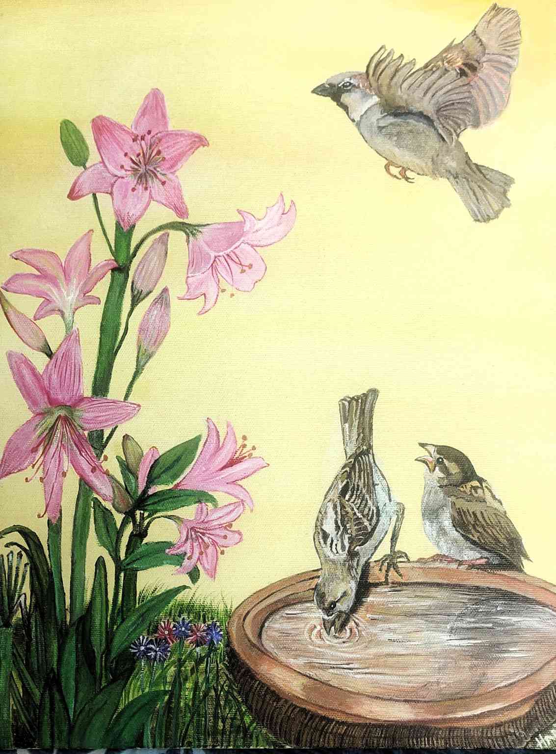 Morning Harmony – Original Acrylic Birds & Floral Painting on Canvas (12 x 16 Inches)