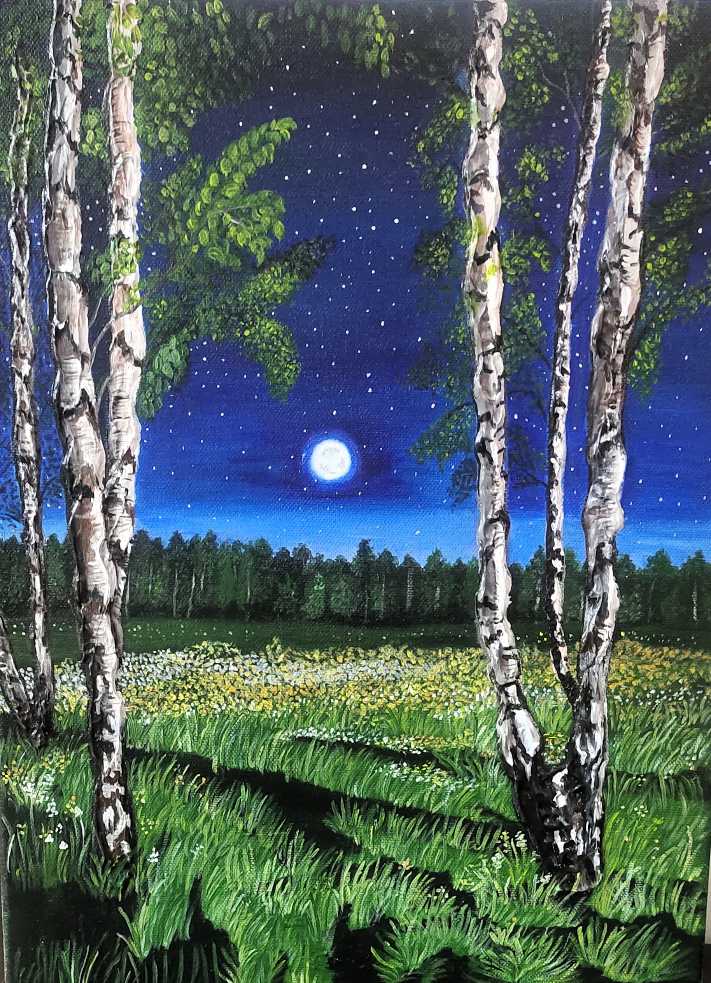 Moonlit Birch Grove – Original Acrylic Landscape Painting on Canvas (12 x 16 Inches)