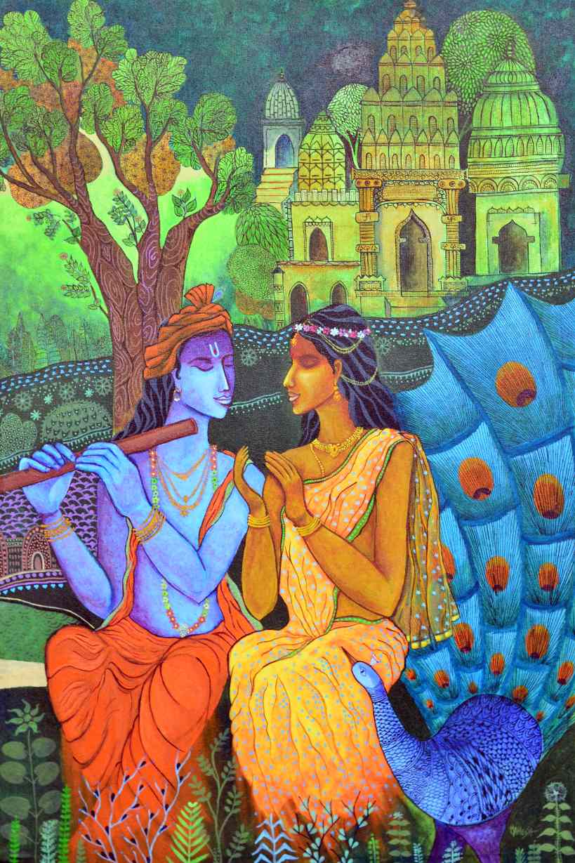 Radha Krishna, Cow & Peacock (K4) Indian style religious painting