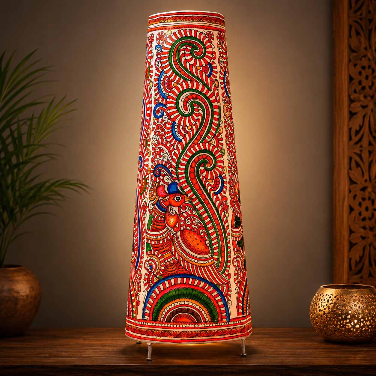 Peacock Harmony – Traditional Leather Lamp Art