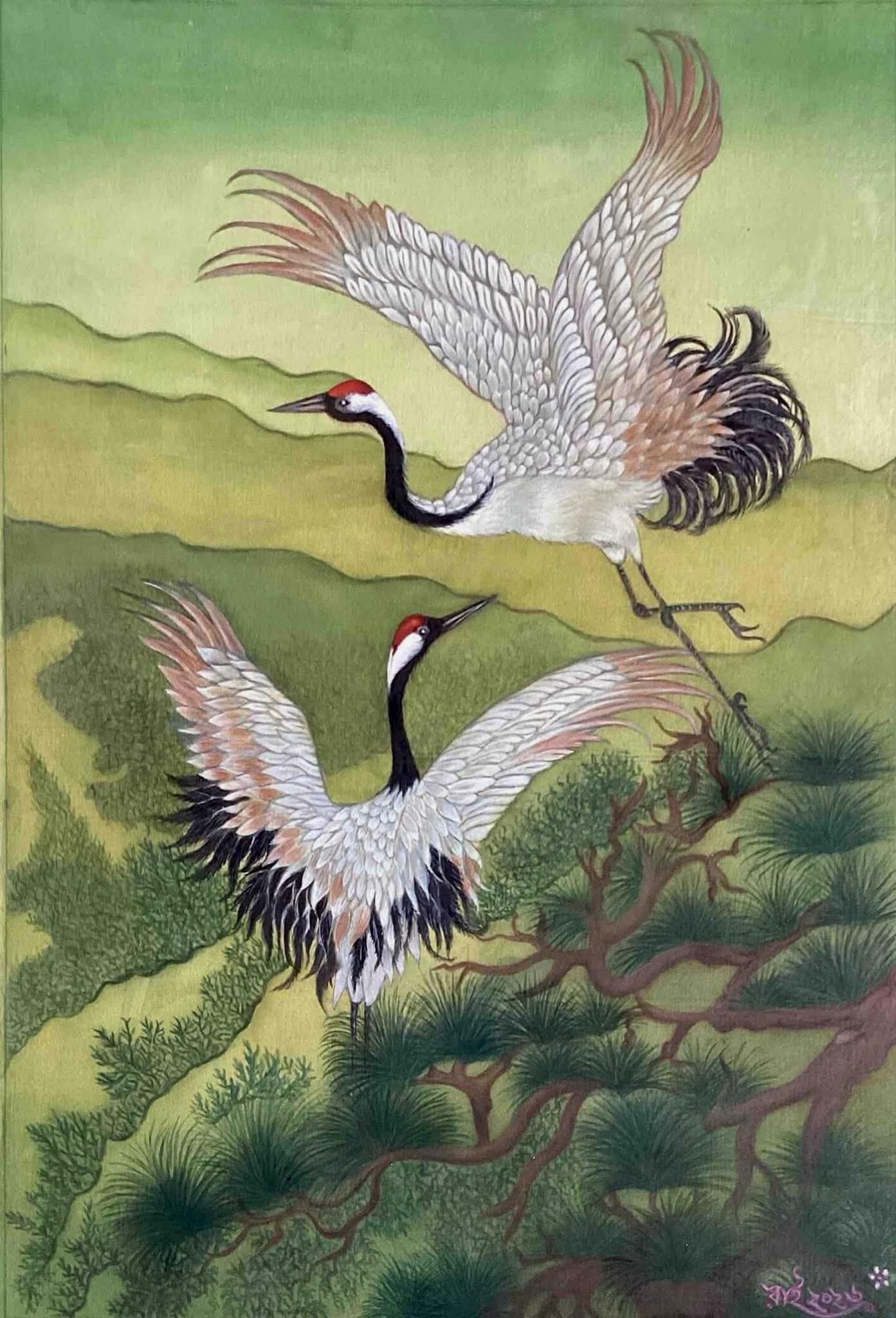 Dance of the Cranes -Tempera Wash on Silk.