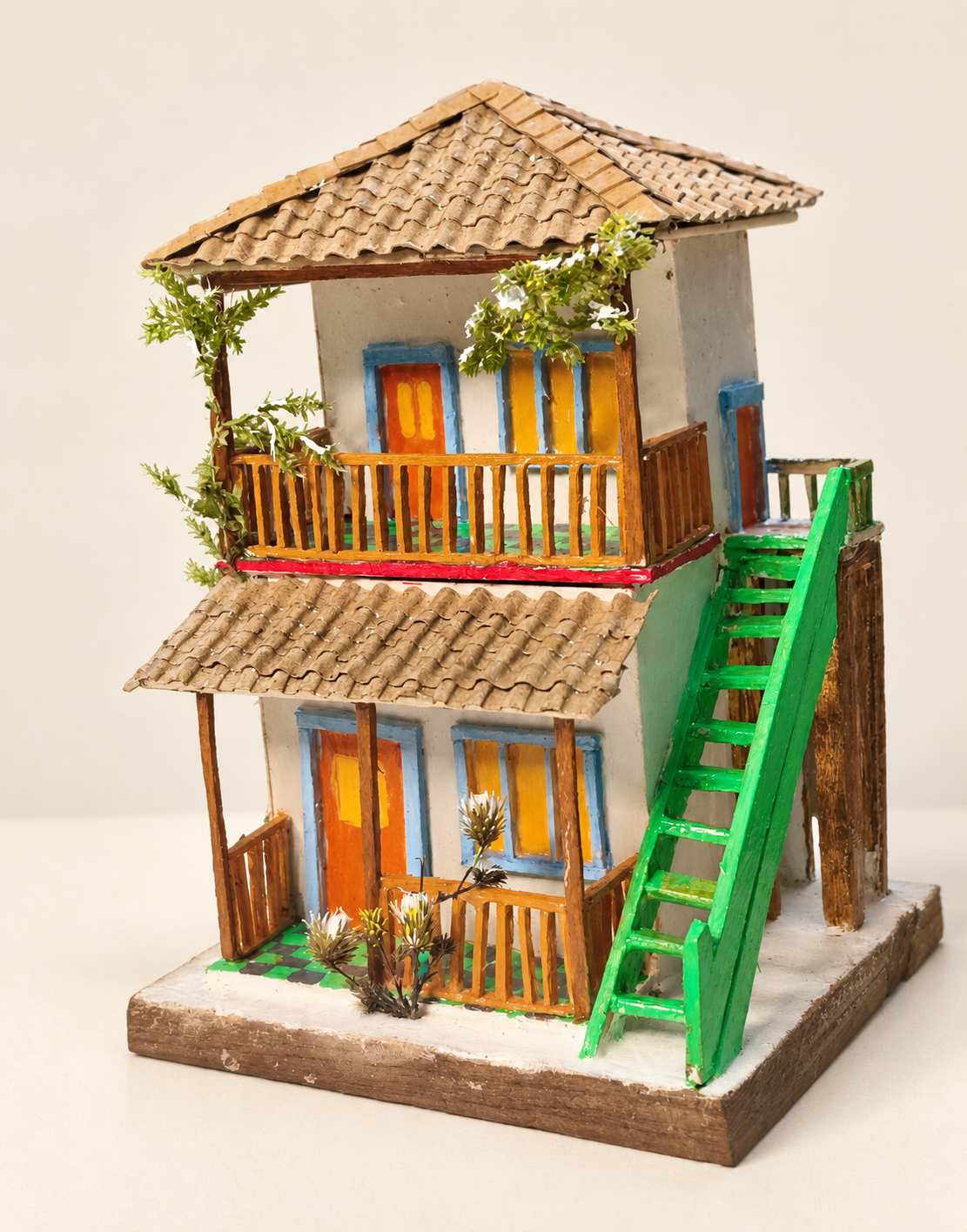 Wooden Handcrafted Two-Story Miniature House with Exterior Staircase