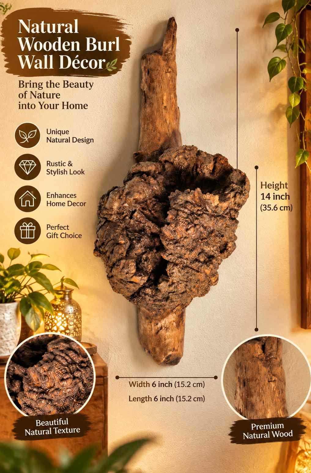Rustic Natural Driftwood Wall Sculpture | Organic Tree Burl Accent