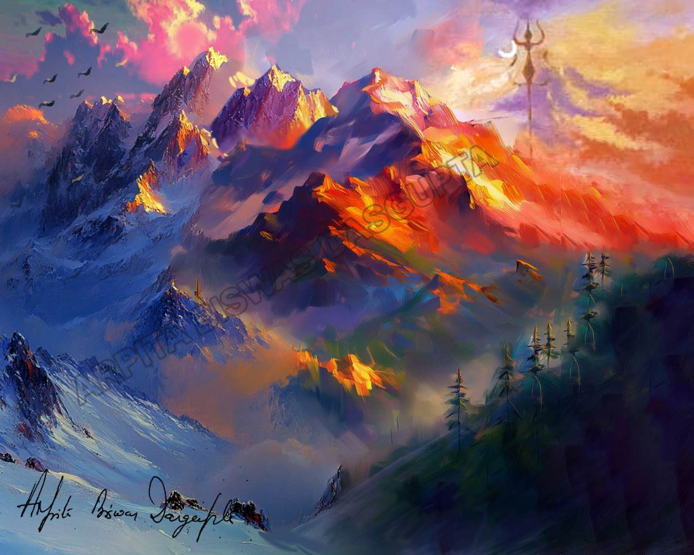 The Himalayas with golden sunlight