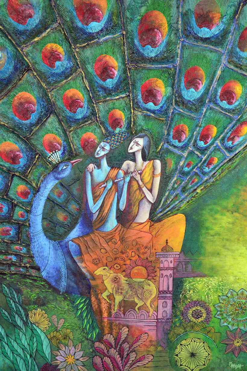 Radha Krishna & Peacock (K1) Indian style cultural painting