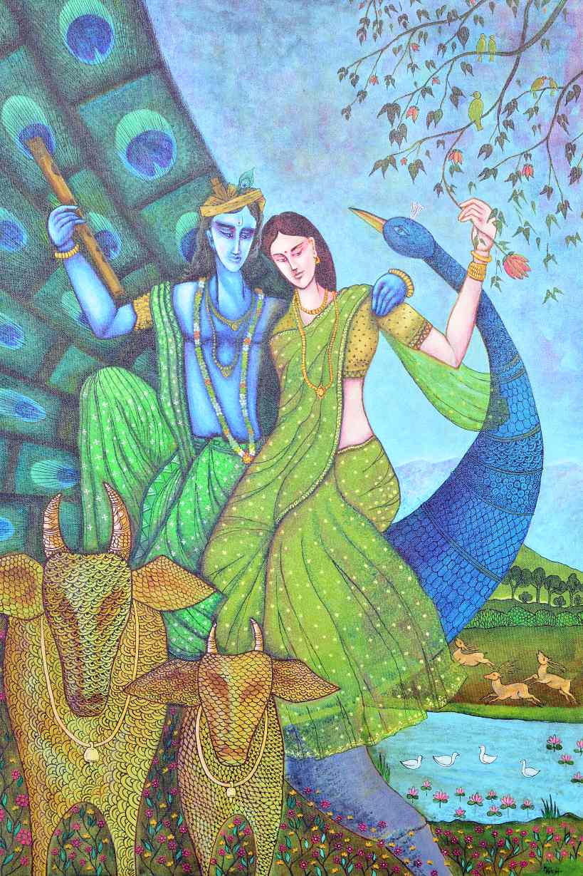 Radha Krishna, Cow & Peacock (K3) Indian style religious painting